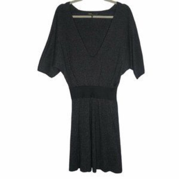Maje Black V-Neck Cinched Waist Metallic Sweater Dress